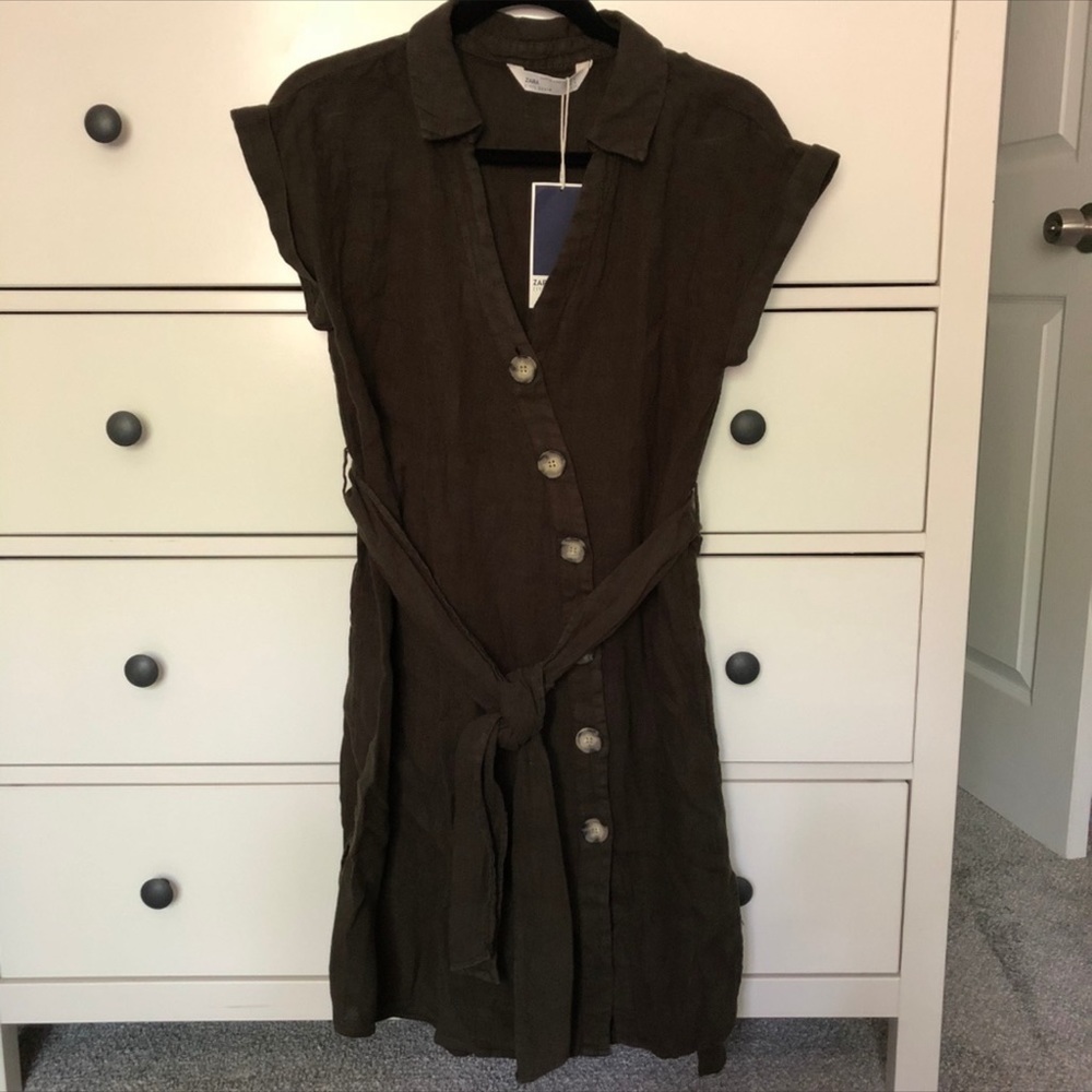 Zara Asymmetrical Buttons Belted Shirt Dress Olive